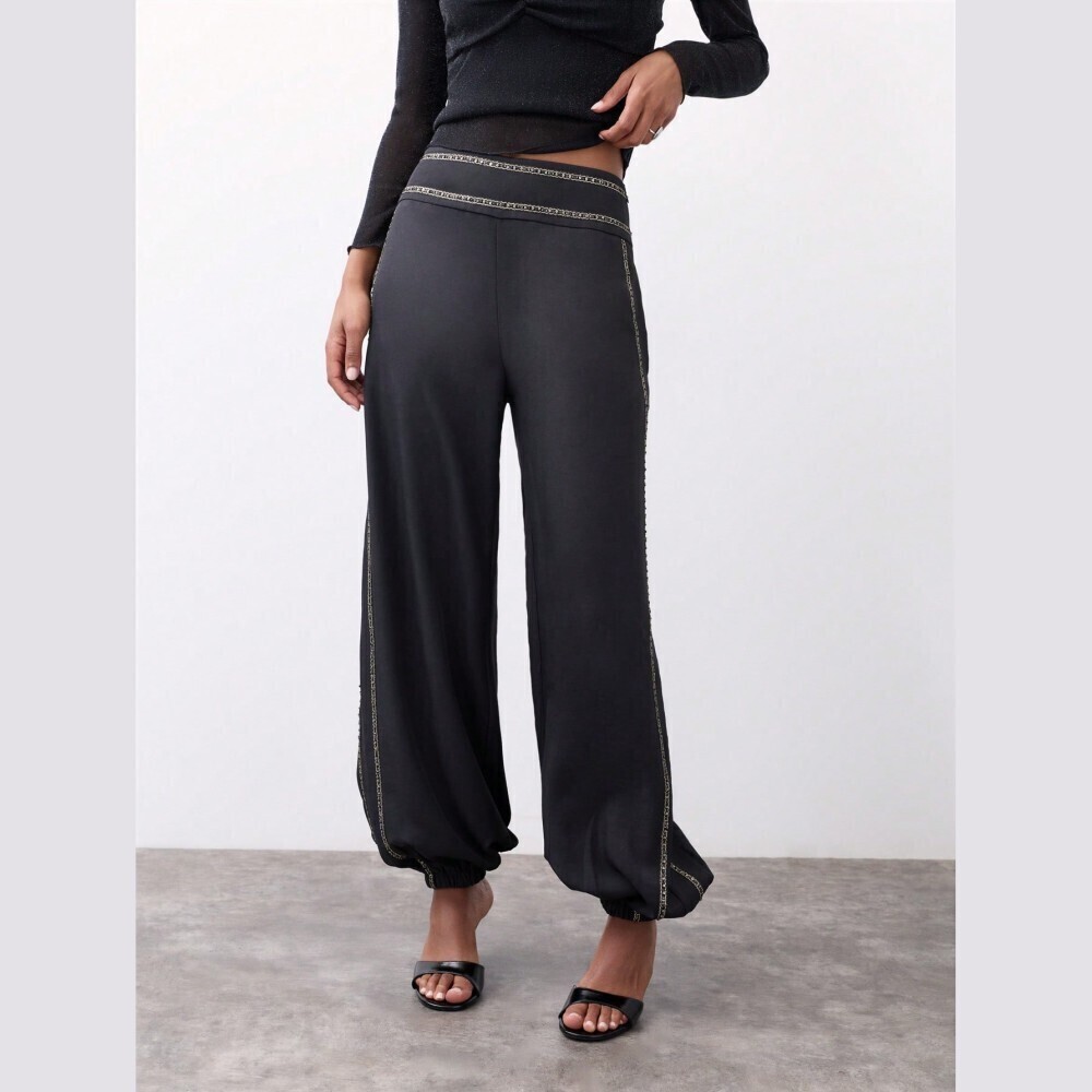 Black Gold Trim Harem Pants with Elastic Cuff Hem